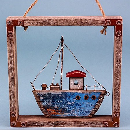 DECORATIUNI - Tablou lemn Barca de pescuit,20x20cm
