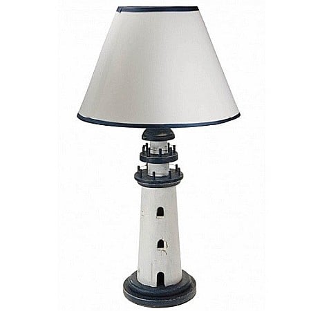 Veioze - Lampa de Masa Far de Coasta din Lemn – 39 cm (abajur textil 23 cm)