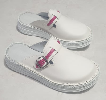 Papuci femei - Saboti piele 4080 alb-fucsia