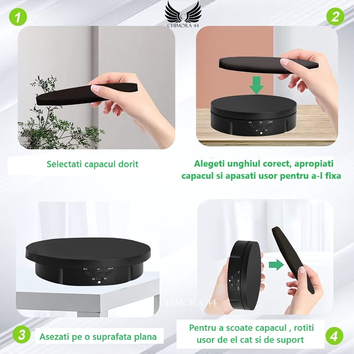 Masa Foto Rotativa 3 in 1 Chimora 44, diametru 15,18,23 cm , rotire 360 , control de la distanta prin telecomanda, greutate suportata maxim 10kg , Neagra [2]