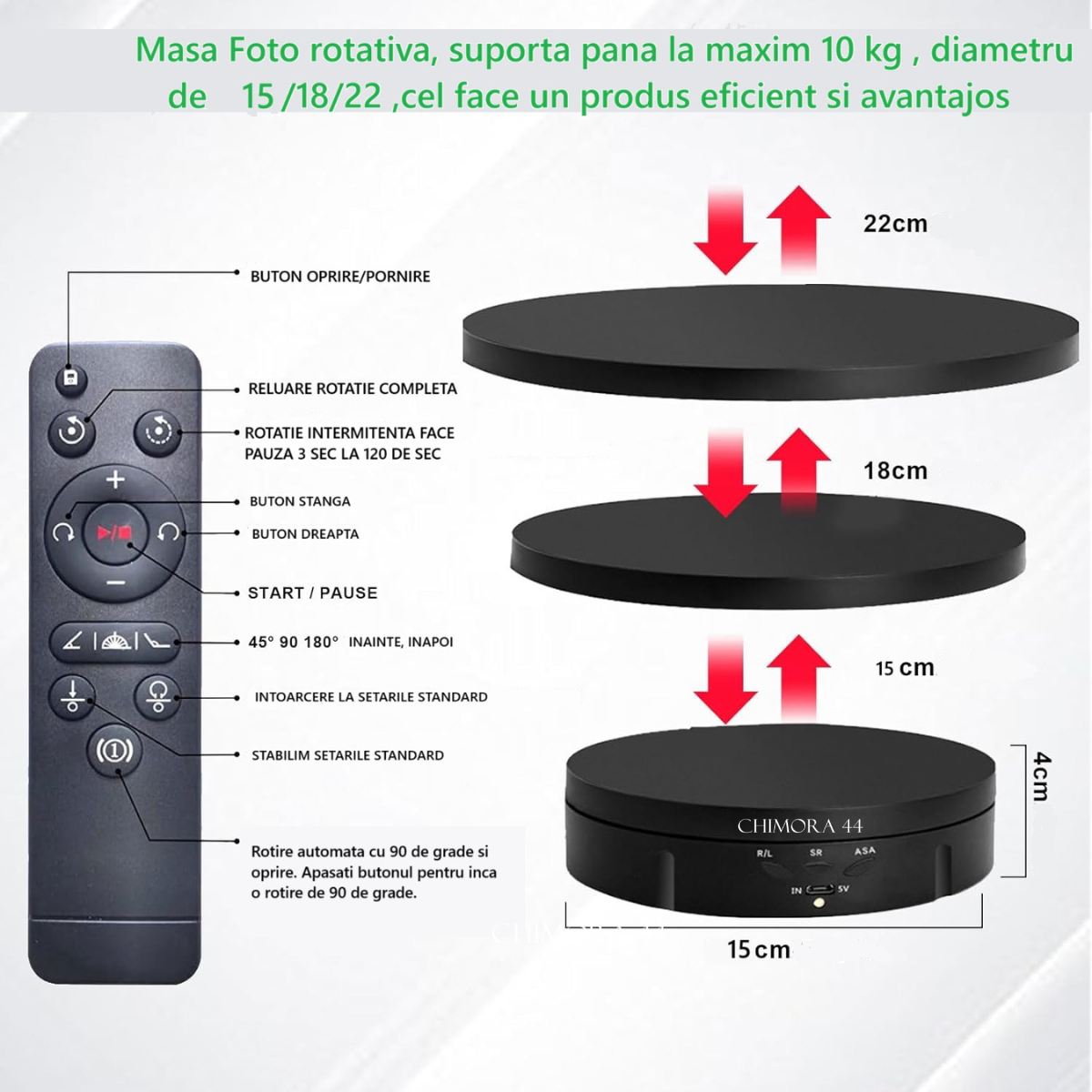 Masa Foto Rotativa 3 in 1 Chimora 44, diametru 15,18,23 cm , rotire 360 , control de la distanta prin telecomanda, greutate suportata maxim 10kg , Neagra [4]