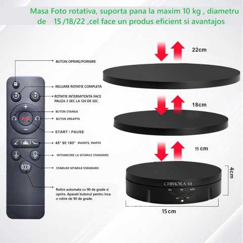 Masa Foto Rotativa 3 in 1 Chimora 44, diametru 15,18,23 cm , rotire 360 , control de la distanta prin telecomanda, greutate suportata maxim 10kg , Neagra [3]