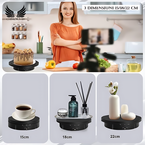 Masa Foto Rotativa 3 in 1 Chimora 44, diametru 15,18,23 cm , rotire 360 , control de la distanta prin telecomanda, greutate suportata maxim 10kg , Neagra [4]