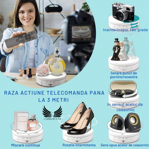 Masa Foto Rotativa 3 in 1 Chimora 44, diametru 15,18,23 cm , rotire 360 , control de la distanta prin telecomanda, greutate suportata maxim 10kg, sticla [2]