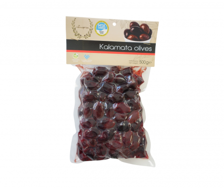 Măsline grecești - Măsline Kalamata Jumbo 500g, culese manual, cu textură cărnoasă și gust intens, specific soiului Kalamon. Premiate cu medalie de argint la MTA London 2024. Ambalate în vid, fără conservanți.