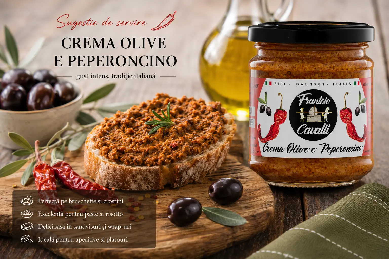 Specialități & Sosuri artizanale - Pastă de Măsline Negre cu Ardei Iute – Frantoio Cavalli, 180g