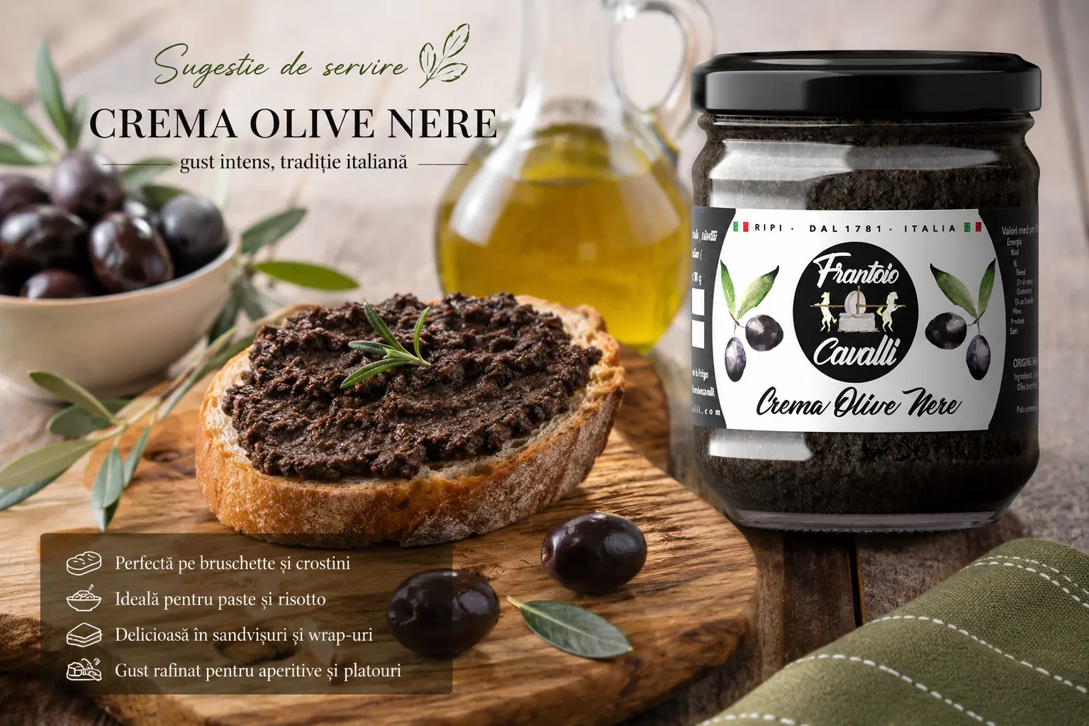 Specialități & Sosuri artizanale - Pastă de Măsline Negre 180g | Frantoio Cavalli - Autentic Italian