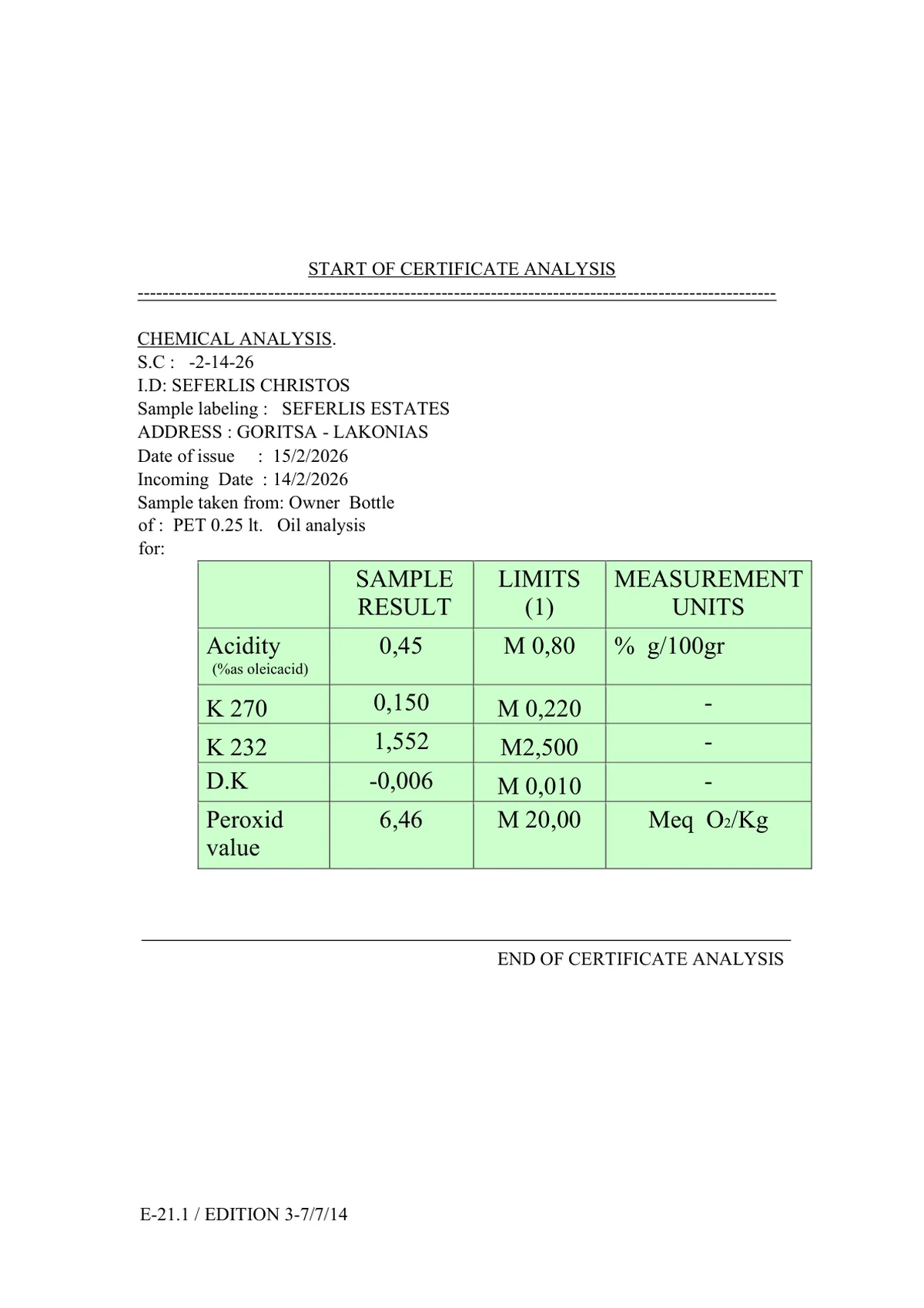 Ulei de măsline extravirgin Seferlis Estates – 5L, Sparta [4]
