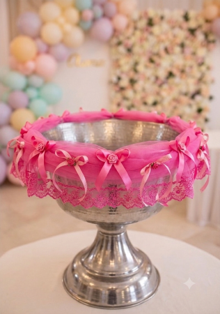 ARANJAMENTE BISERICA - Cristelniță de Botez Elegantă, Ornată cu Tule și Fundițe Delicate – Aranjament Profesional
