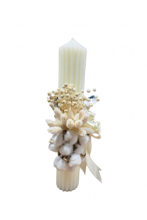Lumânări și suporturi pentru lumânări - Lumânare de botez elegantă, ceară striată, decor cu bumbac