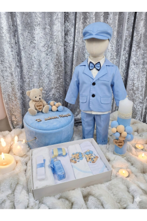TRUSOURI - Set Complet Botez Băiat "Te Iubim Nașu": Costum Elegant, Trusou Ursuleț și Lumânare Decorată