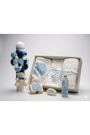 Lumânări și suporturi pentru lumânări - Set complet trusou botez premium și lumânare decorată cu tematică ursuleț