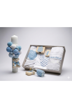Lumânări și suporturi pentru lumânări - Set complet trusou botez premium și lumânare decorată cu tematică ursuleț