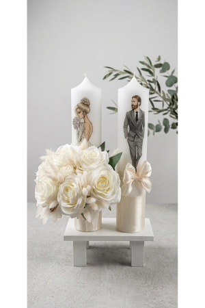 Lumânări și suporturi pentru lumânări - Set Lumânări de Cununie Personalizate cu Ilustrații Miri - Design Elegant pentru Nuntă