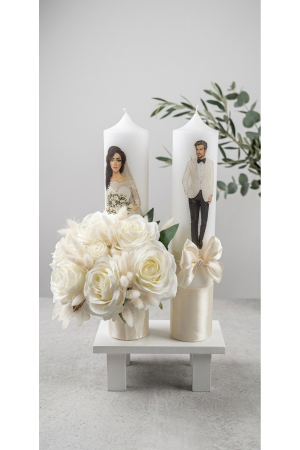 Lumânări și suporturi pentru lumânări - Set Lumânări de Cununie Personalizate cu Ilustrații Miri - Design Elegant pentru Nuntă