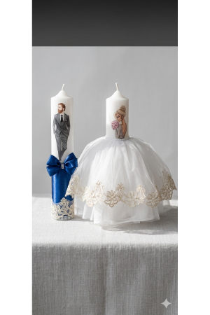 Lumânări și suporturi pentru lumânări - Set Lumânări de Cununie Personalizate cu Ilustrații Miri - Design Elegant pentru Nuntă