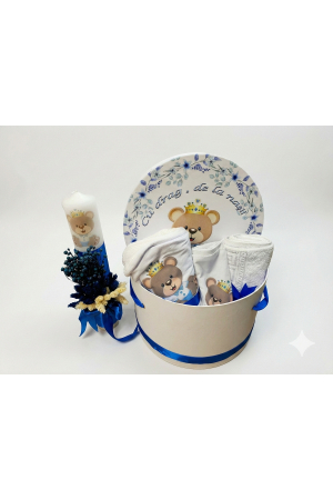 TRUSOURI - Trusou Botez Complet Baiat "Ursulețul Prinț" - Set Elegant cu Lumânare, Cutie și Tăviță