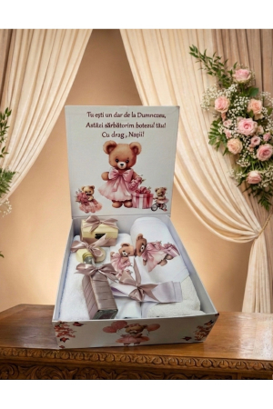 TRUSOURI - Trusou Botez Fetiță Premium, Tematică Ursuleț Roz, Cutie Inclusă (Fără Lumânare)