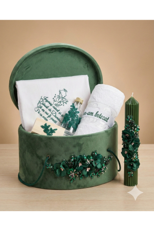 TRUSOURI - Trusou Botez Premium din Catifea Verde Smarald, Set Complet cu Lumânare