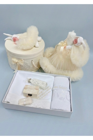 TRUSOURI - Trusou Botez Premium Iepuraș Pufos, Lumânare și Cutie Rotundă