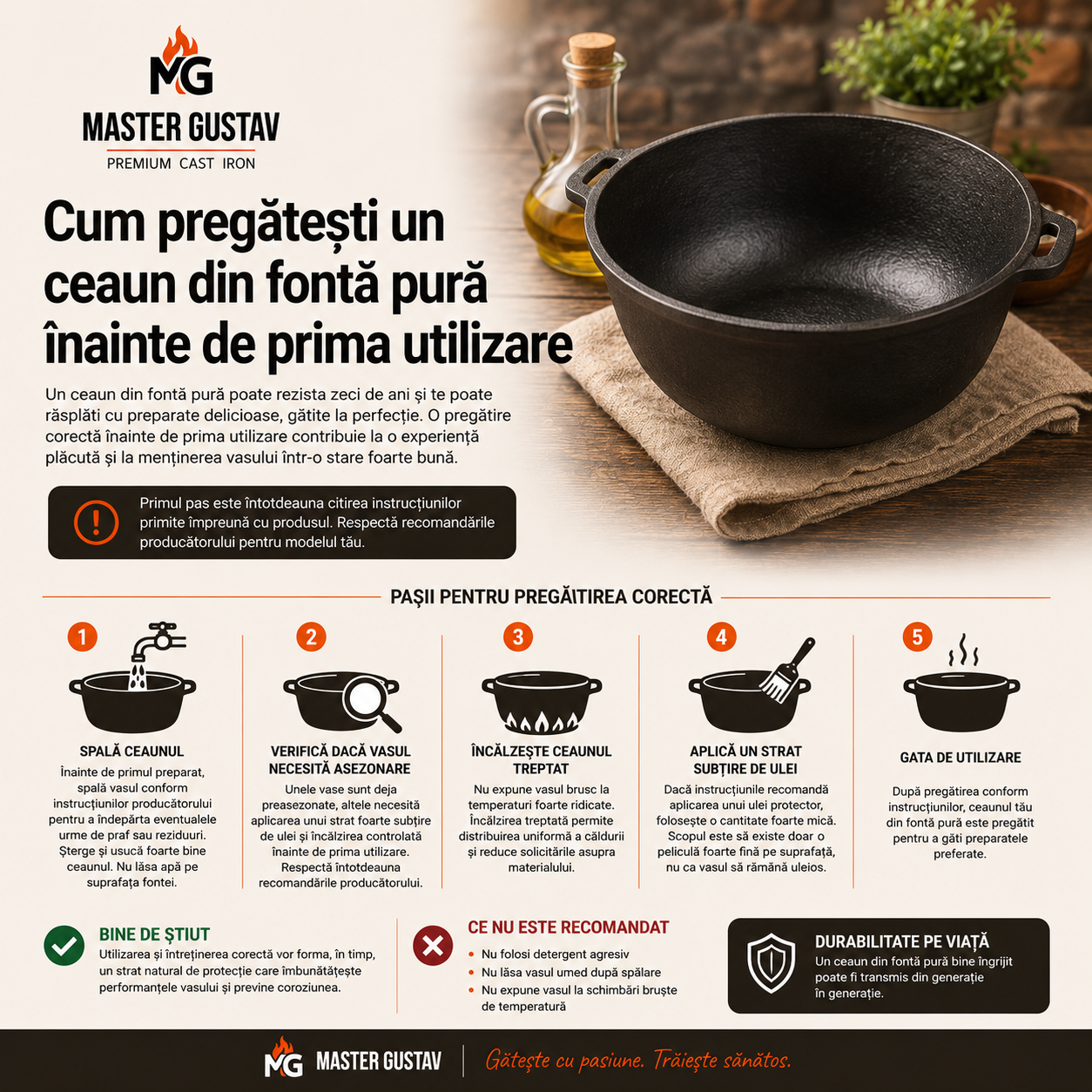 Cum pregătești un ceaun din fontă pură înainte de prima utilizare?