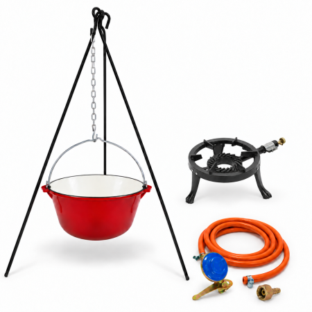 Ceaune din fonta emailate - Pachet complet 10,7 L pentru gătit la ceaun – ceaun emailat 10,7 Litri, arzator 7 kW, trepied 110 cm și kit GPL