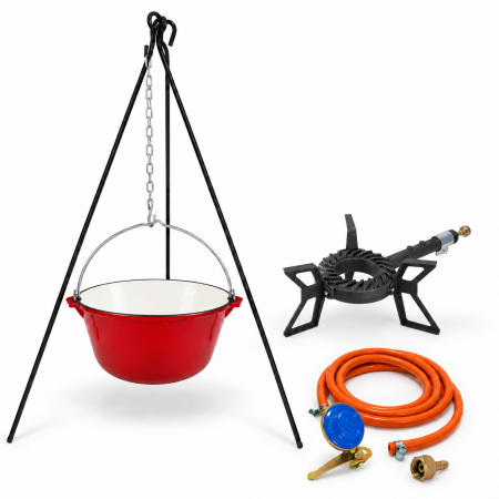 Ceaune din fonta emailate - Pachet complet 15 L gătit la ceaun – ceaun emailat 15 Litri, arzator 6.5 kW, trepied 110 cm și kit GPL