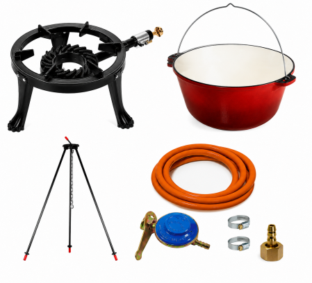 Ceaune din fonta emailate - Pachet complet 10,7 L pentru gătit la ceaun – capacitate ceaun 10,7 Litri, pirostrie 8 kW, trepied 110 cm și kit GPL