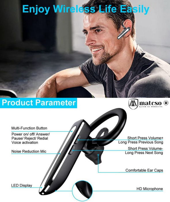 Casca Bluetooth 5.3, matcso by CSM 4U PRODUCTS®, Single Ear Handsfree, Wireless Business, Compatibila IOS/Android, Eliminare Zgomot, Control Volum, USB-C, Sunet Clar, Cutie de Incarcare, Afisaj LED, N [4]