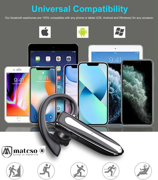 Casca Bluetooth 5.3, matcso by CSM 4U PRODUCTS®, Single Ear Handsfree, Wireless Business, Compatibila IOS/Android, Eliminare Zgomot, Control Volum, USB-C, Sunet Clar, Cutie de Incarcare, Afisaj LED, N [6]