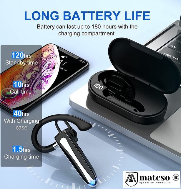 Casca Bluetooth 5.3, matcso by CSM 4U PRODUCTS®, Single Ear Handsfree, Wireless Business, Compatibila IOS/Android, Eliminare Zgomot, Control Volum, USB-C, Sunet Clar, Cutie de Incarcare, Afisaj LED, N [3]