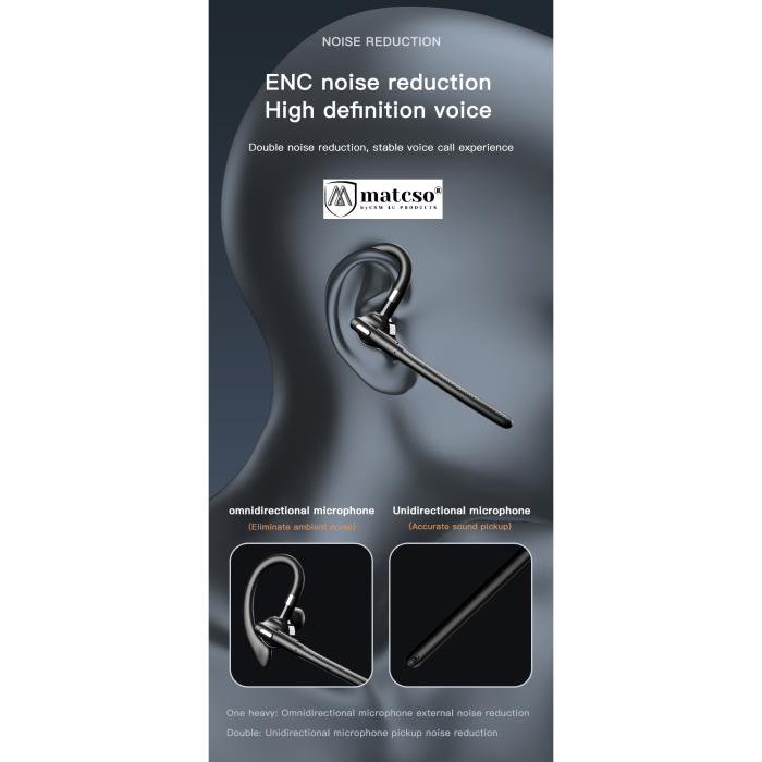 Casca Bluetooth 5.4, Handsfree Wireless, matcso® M526, Standby 180 ore, Timp de Vorbire pana la 30 ore, Sunet HD, Compatibila IOS/Android, Eliminare Zgomot, Cutie Pentru Incarcare 500 mAh, Buton Touch [6]