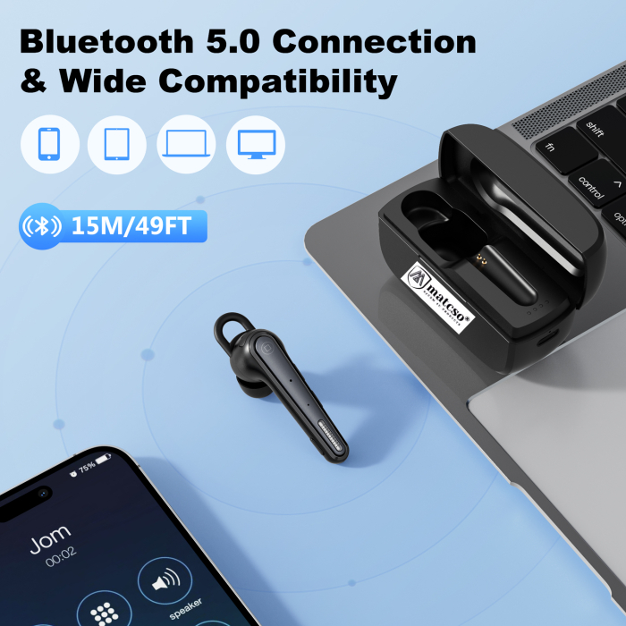 Casca Bluetooth Wireless 5.1, matcso® M52, Timp de Vorbire 10 ore, Carcasa incarcare 500 mAh, Durata de Viata 20 ore, Conectare 2 dispozitive, Buton Mute, Reducere Zgomot, USB-C, Rotire 60°, Negru [6]