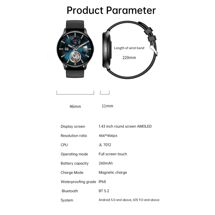 Ceas Smartwatch Amoled, matcso®, Display 1.43 inch, Rezolutie 466*466 HD, Rezistent la apa IP68, Incarcator Magnetic, Notificari Apeluri/Sms/Social Media, Monitorizare activitati fizice, Somn, Ritm ca [9]