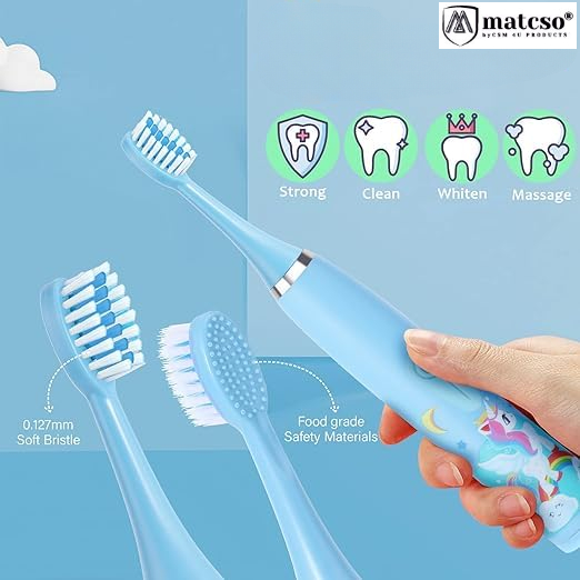 Periuta de Dinti Electrica matcso®, Kids Sonic Soft, MATCS-BC100, Pentru Copii, Impermeabil IPX7, 16000 Vibratii pe Minut, Set 6 Capete Interschimbabile, Baterie AA, Albastru Deschis [4]