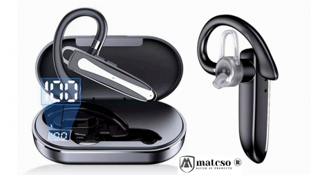 Produse - Casca Bluetooth 5.3, matcso by CSM 4U PRODUCTS®, Single Ear Handsfree, Wireless Business, Compatibila IOS/Android, Eliminare Zgomot, Control Volum, USB-C, Sunet Clar, Cutie de Incarcare, Afisaj LED, N