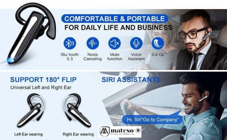 Casca Bluetooth 5.3, matcso by CSM 4U PRODUCTS®, Single Ear Handsfree, Wireless Business, Compatibila IOS/Android, Eliminare Zgomot, Control Volum, USB-C, Sunet Clar, Cutie de Incarcare, Afisaj LED, N [6]