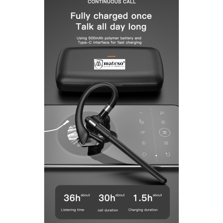 Casca Bluetooth 5.4, Handsfree Wireless, matcso® M526, Standby 180 ore, Timp de Vorbire pana la 30 ore, Sunet HD, Compatibila IOS/Android, Eliminare Zgomot, Cutie Pentru Incarcare 500 mAh, Buton Touch [9]