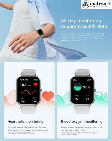 Ceas SmartWatch, matcso by CSM 4U PRODUCTS®, SWTZL54, Apel Bluetooth, Display 1.83", Notificari Apel si Retele Sociale, Monitorizare Ritm Cardiac, Tensiune Arteriala, Somn, Smart Asistent Fitness Trac [3]