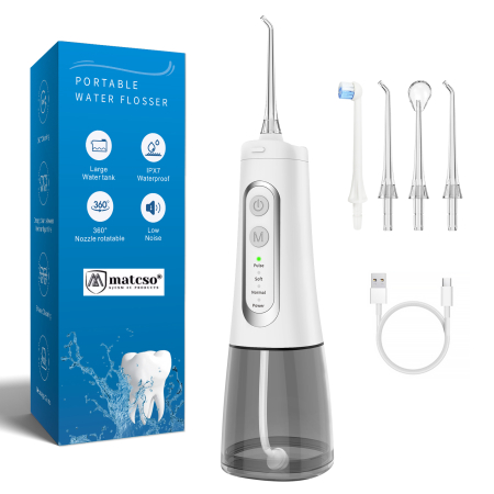 Irigatoare bucale - Irigator Oral Profesional Pentru Dus Bucal, matcso®, MATCS-139 Pro, 4 Trepte De Presiune, Impermeabilitate IPX7, Portabil Fara Fir, Baterie Reincarcabila 2000 mAh, Zgomot Redus, 4 Duze Cu Jet Incluse,