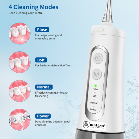 Irigator Oral Profesional Pentru Dus Bucal, matcso®, MATCS-139 Pro, 4 Trepte De Presiune, Impermeabilitate IPX7, Portabil Fara Fir, Baterie Reincarcabila 2000 mAh, Zgomot Redus, 4 Duze Cu Jet Incluse, [2]