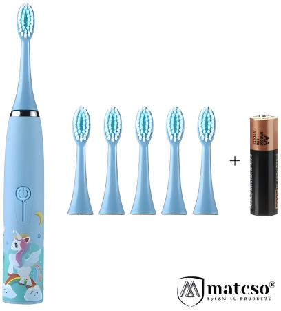 Periute de dinti electrice - Periuta de Dinti Electrica matcso®, Kids Sonic Soft, MATCS-BC100, Pentru Copii, Impermeabil IPX7, 16000 Vibratii pe Minut, Set 6 Capete Interschimbabile, Baterie AA, Albastru Deschis