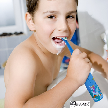 Periuta de Dinti Electrica matcso®, Kids Sonic Soft, MATCS-BC100, Pentru Copii, Impermeabil IPX7, 16000 Vibratii pe Minut, Set 6 Capete Interschimbabile, Baterie AA, Albastru Deschis [1]