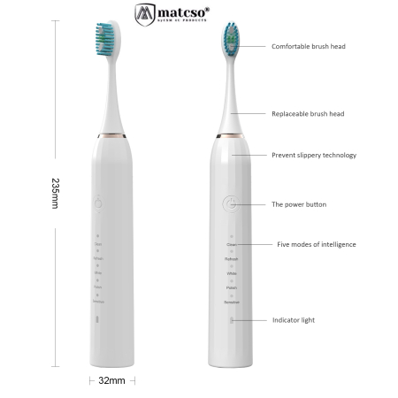 Periuta De Dinti Electrica, matcso®, MATCS-M1, Tehnologie Sonica, Portabila, Reincarcabila, 1200mAh, 5 Programe de Curatare, Impermeabilitate IPX7, 43.000 Pulsatii/Minut, Functie de Memorare, Smart Ti [4]