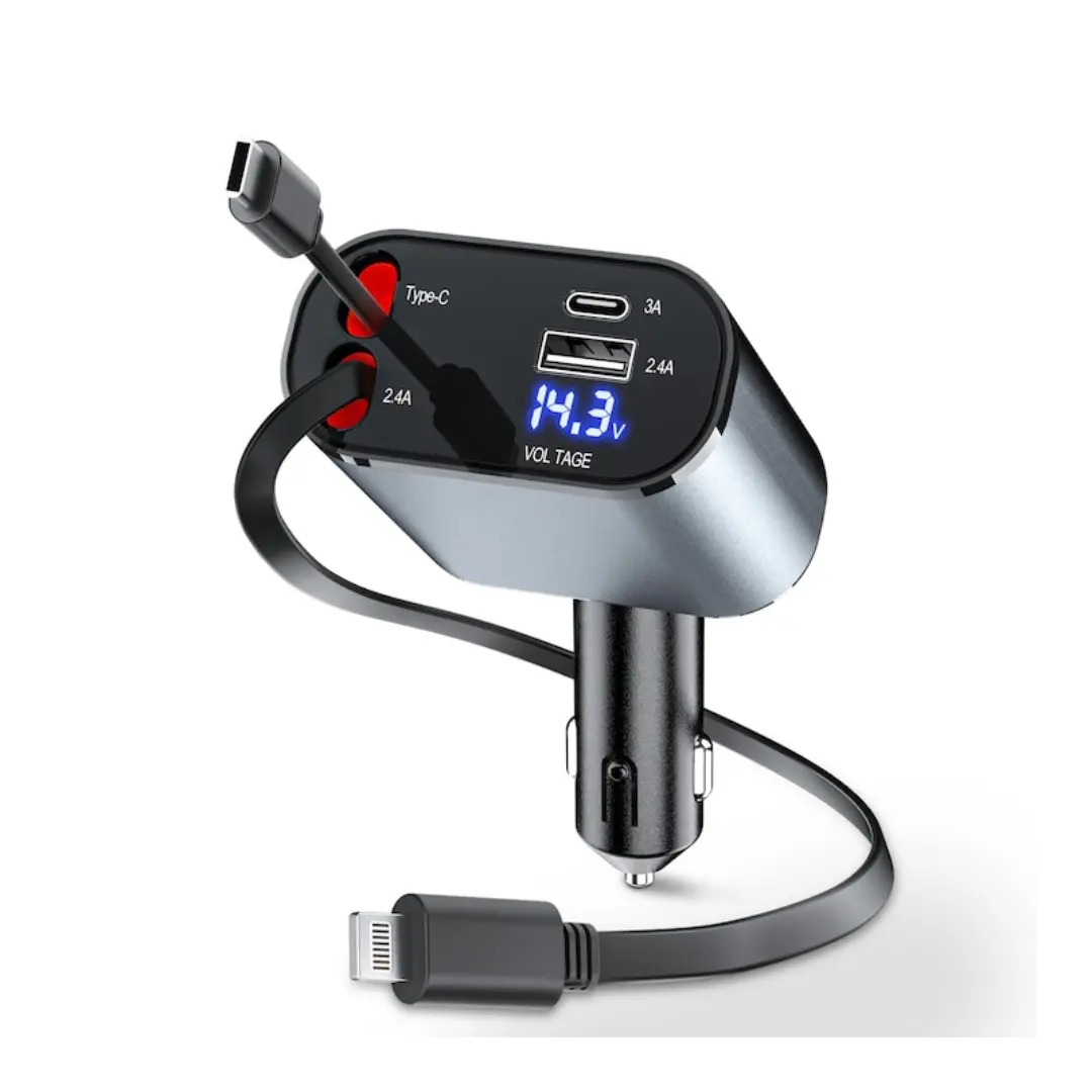 Încărcător auto 120W cu afișaj LED, 4 în 1, fast charge USB-C, Type-C și Lightning, 12–24V [1]