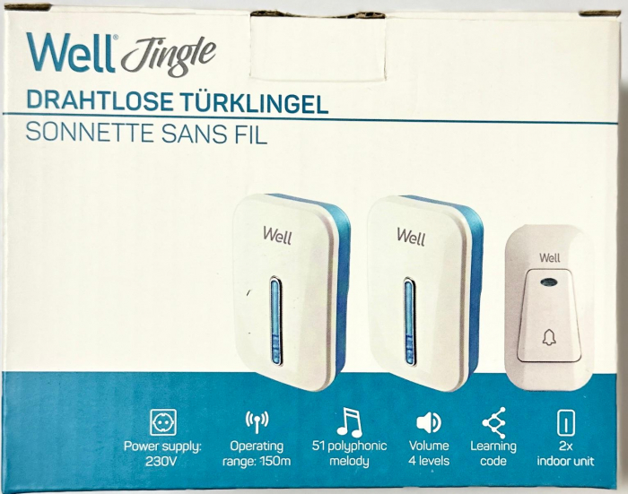 Sonerie Wireless cu 2 Receptoare Well – 150m Rază, 45 Melodii, Montaj Rapid fără Fire [1]