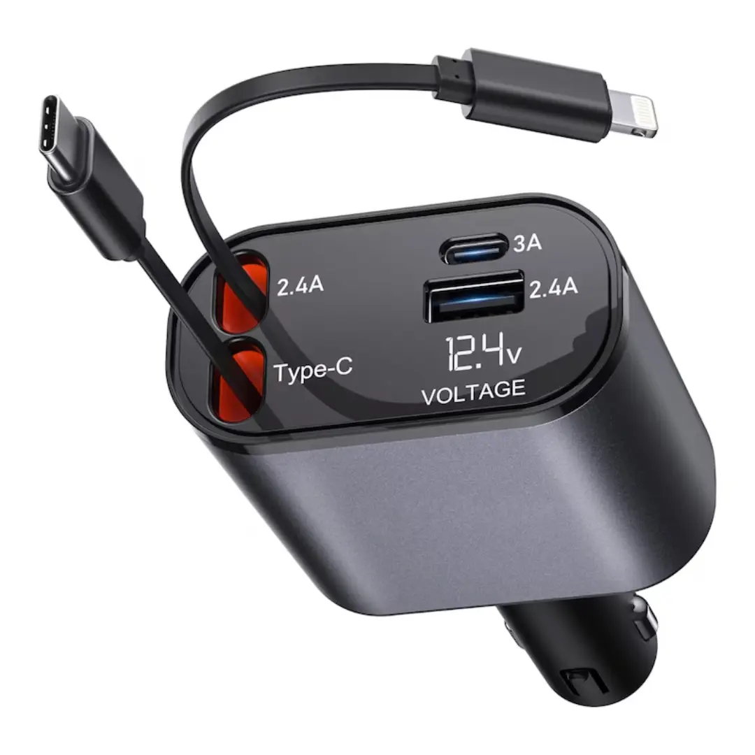 Încărcător auto 120W cu afișaj LED, 4 în 1, fast charge USB-C, Type-C și Lightning, 12–24V [1]