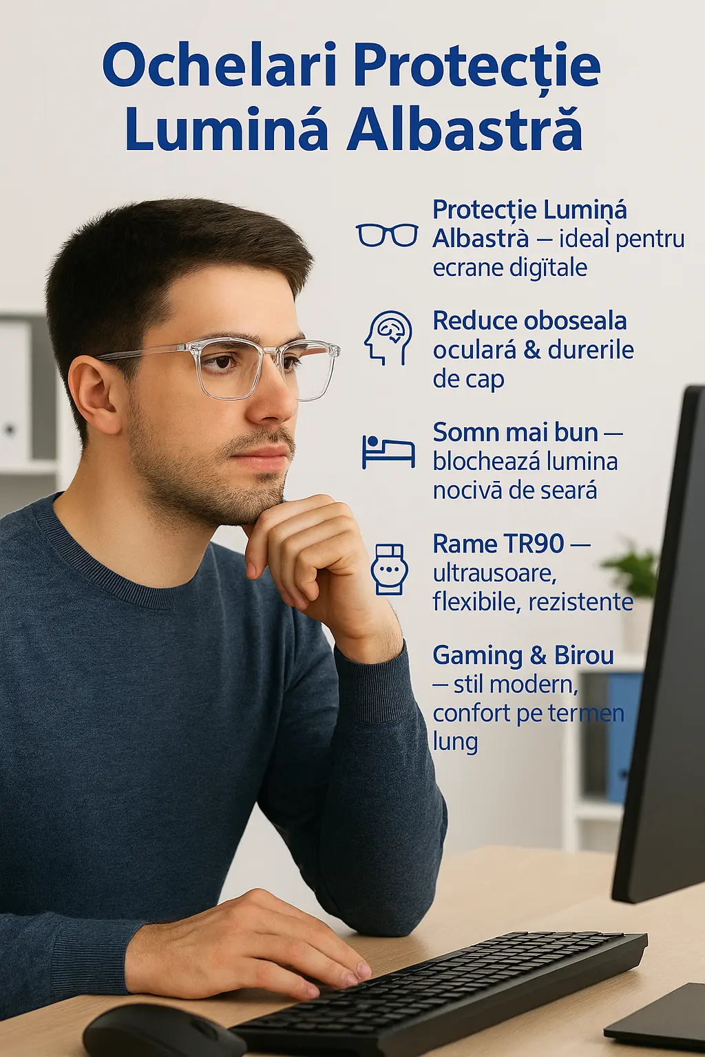 Ochelari Protecție Lumină Albastră TR90 – Gaming & Birou, Lentilă Transparentă, Ramă Ușoară, Anti-Oboseală Oculară [1]