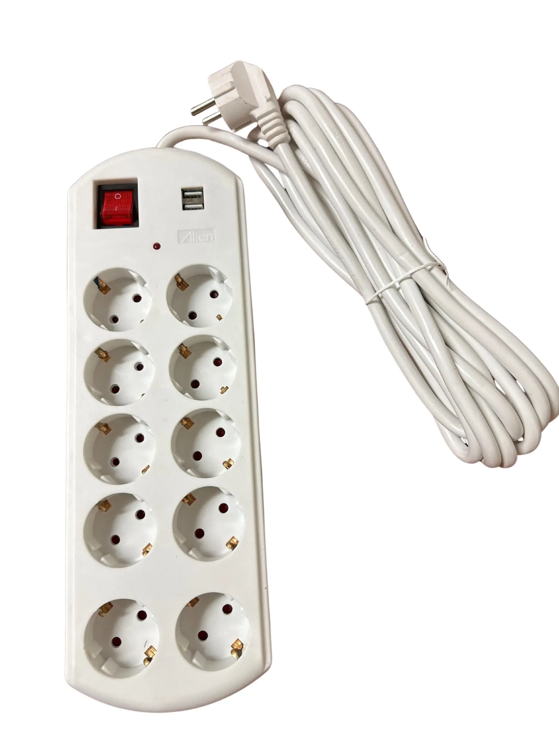 Accesorii electrice - Prelungitor triplu ALIEN cu 10 prize, 2 porturi USB, 10 m, 16A, protecție la supratensiune
