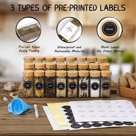 Set 24 borcane condimente din Sticlă, cu Capace Bambus, Etichete reutilizabile, Perie Curățare și Pâlnie - Organizator Bucătărie Elegant și Practic [2]